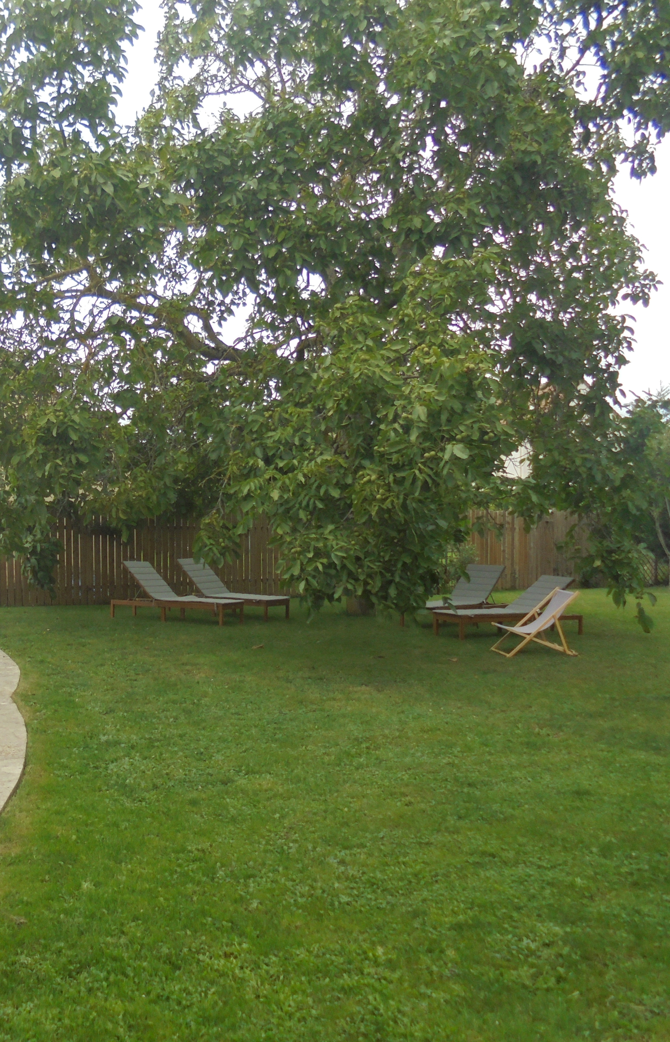 Jardin du gîte côté gauche avec pelouse et terrasse